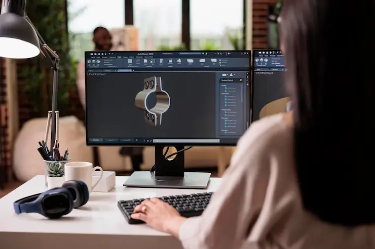 Worker designing machinery gears on computer in industrial setting